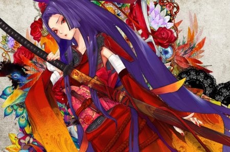 Colorful samurai girl . - flowers, girl, color, samurai