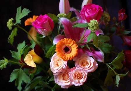 Gorgeous Bouquet - nature, roses, green, leaves, flowers, daisy