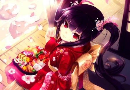 Kooh - cherry blossoms petals, cute, kooh, sweet, game, girl, red eyes, long hair, black hair, kimono, food, pangya