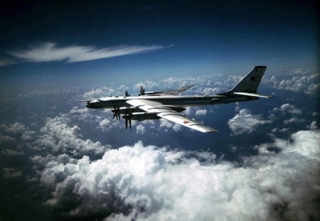 Tu-95 - sky, plane, russian, bomber, tu-95, aircraft, cool, clouds, blue, military