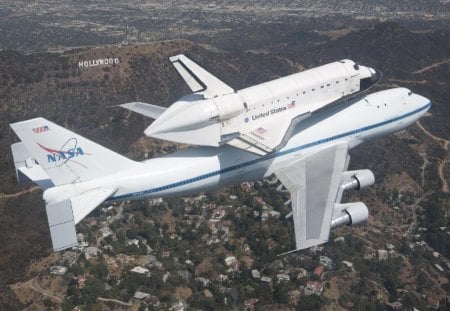 The famed Hollywood sign on Mt. Lee - endeavour, space shuttle, hollywood, flight