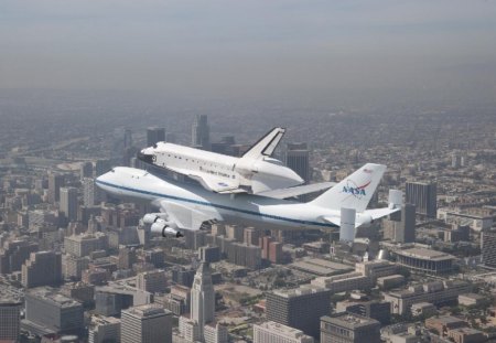 Over Los Angeles City Hall and civic center - endeavour, space shuttle, historic, flight