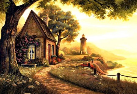 Lovely house on the sea shore - cottage, dazzling, sun, colorful, countryside, shine, art, lantern, river, theme, color, lake, light, nature, glow, beautiful, stones, cabin, sea, nice, beach, trees, peaceful, water, clear, bench, path, calm, painting, pretty, house, rays, lighthouse, ocean, humphries, shore, summer, lovely, serenity, bright, village, bank, cozy, splendor, flowers, colors, small