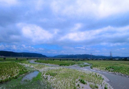 Landscape - riverbed, blue sky, landscape, bridge