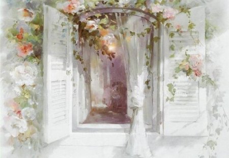 LOVELY WINDOW - white, window, curtains, rose