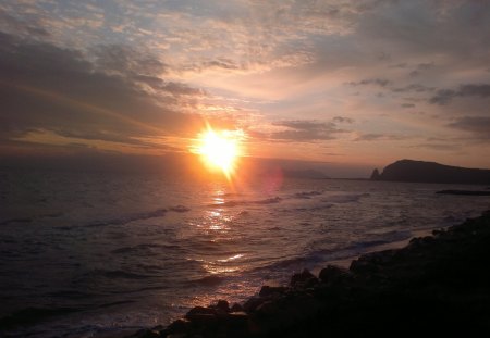 Falling sun - clouds, sea, sunset, beach