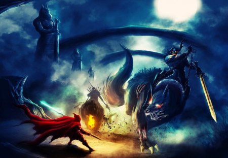 fantasy art work - moon, beasts, clouds, statues, weapons