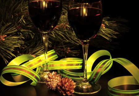 A JOYOUS CELEBRATION - evening, ribbons, green, wine, decoration, pines, mellow moods, christmas