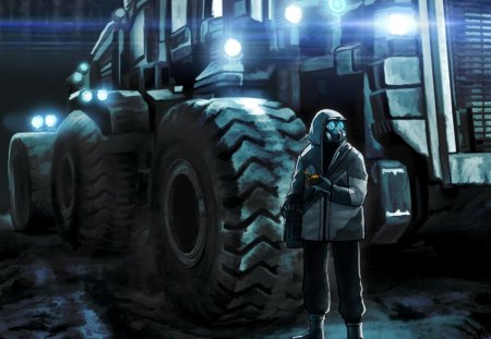 fantasy art - lights, soldier, vehicle, walkie talkie, gas mask