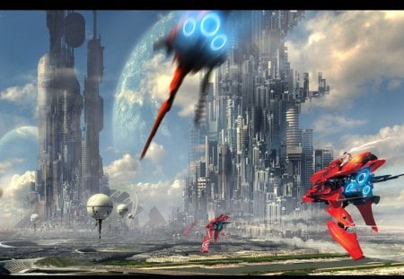 fantasy space art - clouds, moon, ships, blue sky, buildings