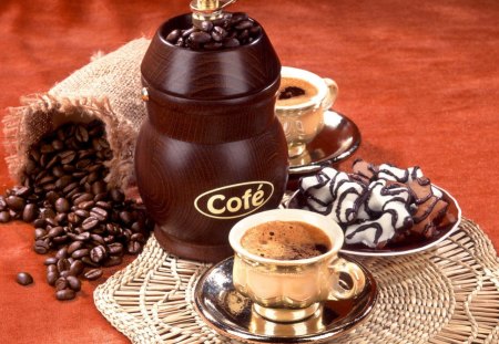 COFFEE AND COOKIES - refreshments, coffee grinder, cups, chocolate, coffee beans