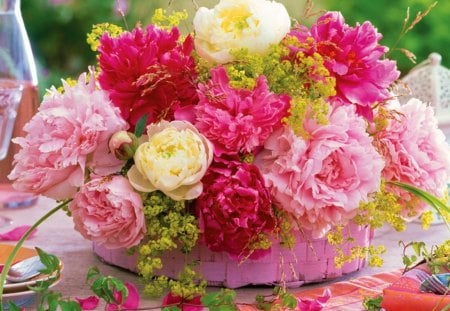 Innocent Love♥ - serving, forever, table, lovely, love, flower, pink, sublime, sweet, peonies, basket