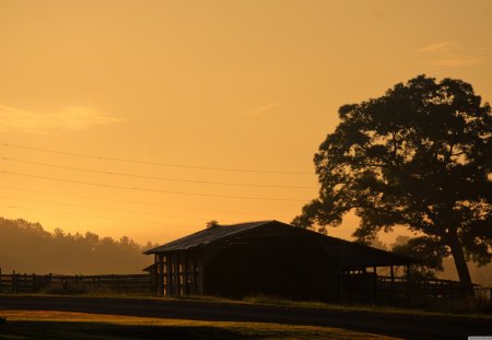 Barn Sunrise - sky, sunrise, barn, haze