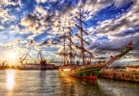 glorious sail ship hdr - hdr, clouds, dock, sail ship