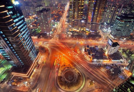 cityscape at night from up top - lights, skyscrapers, city, circle, night