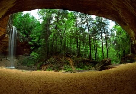 large cave small waterfall - cave, trees, sand, waterfall