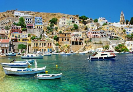 greek coastal village - village, boats, hill, coast