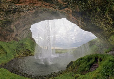 cave with a waterfall shower - cave, waterfall, pool, moss, shower