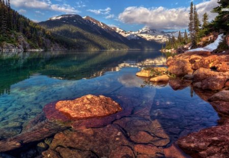 Mountain Lake - rock, water, daylight, shore, blue, lake, sky, reflection, clouds, orange, trees, nature, mountain, day