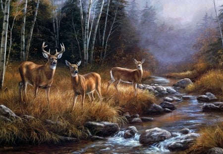 Rosemary Millette - landscape, rosemary millette, stream, october mist, deer, painting, art, romero millette, forest, river, fog