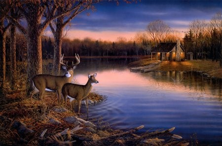 Sam Timm * Tranquil Evening - cottage, animals, sunset, tranquil evening, creek, art, amazing, evening, reflection, river, pond, boat, lake, landscape, picnic, wooden, deer, nature, forest, tranquil, beautiful, dawn, cabin, nice, sunshine, autumn, sky, trees, water, painting, calm, quiet, house, couple, night, shore, summer, lovely, sam timm, serenity