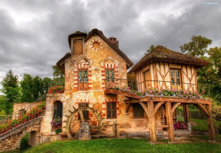 Idealic Home - clouds, house, water, side, beautiful pretty, grass, home, countryside, old, classic, country, wheel