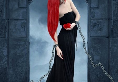 Left with your heart - heart, chains, woman, red, left, love, hair