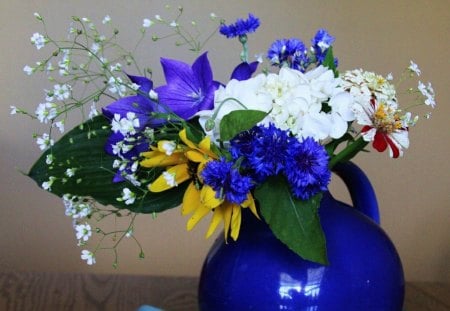 ~ SYMPHONY IN BLUE ~ - yellow, blue, bouquet, flowers, vase