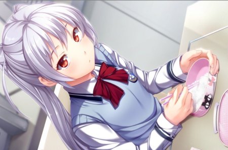 Anime girl - anime, anime school girl, gray, food, aniem girl