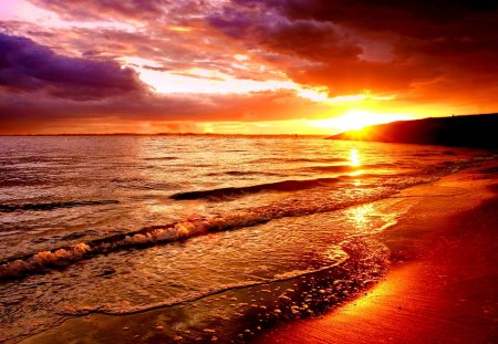 Sea of fire - nice, sky, beach, sundown, colorful, sunset, shine, fire, amazing, pretty, reflection, clouds, golden, rays, sands, light, summer, shore, lovely, waves, nature, glow, fiery, red, beautiful, sunrise