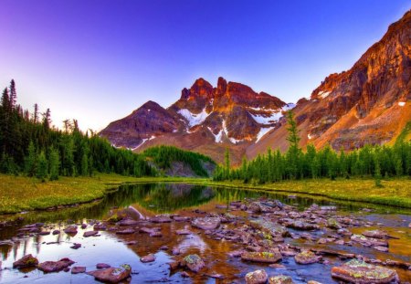 Mountainscape - nice, sky, rocks, creek, mountainscape, reflection, pretty, river, clouds, cliffs, lake, mountain, summer, shore, slopes, peaks, lovely, nature, beautiful, stones