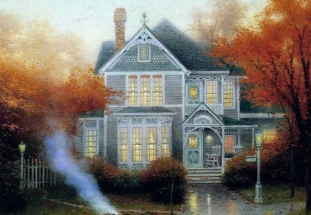 BURNING THE LEAVES - fall, victorian house, autumn, burning the leaves