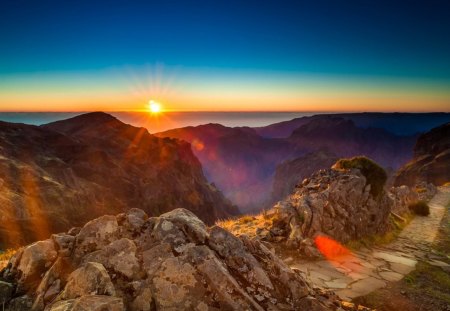 sunrise on mountain walkway - mountains, rocks, sunrise, walkway