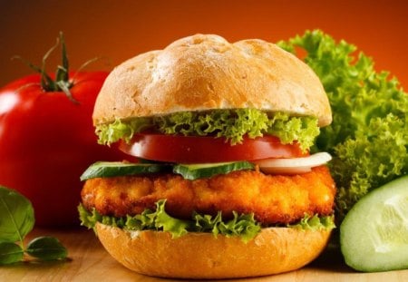 Fast-food-hamburger-tomato-cucumber - food, meat, hamburger, fast foods