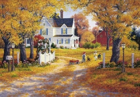 KIDS ARE PLAYING OUTSIDE - kids, victorian house, leaves, autumn