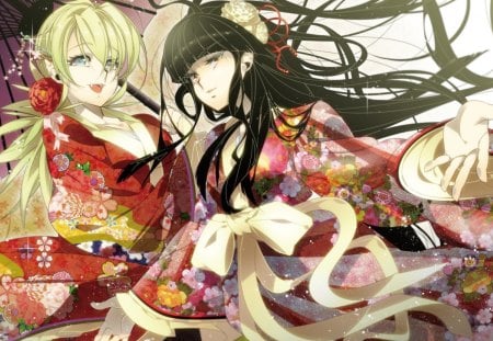 Vampire beauties - red, cute, beauty, anime, girl, manga, moon, kimono, japanese, vampire