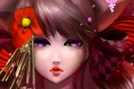 Wisteria charm - anime, yellow, wisteria, girl, eyes, beauty, flower, pink, hair, bloom, manga, fantasy, purple, red, cute, princess