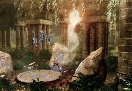 Aztec fantasy - game, stone, magic, scenic, forest, flower, tree, fantasy, red, green, garden, aztec, leaf