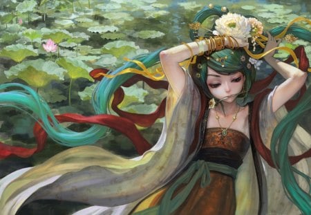 Hatsune Miku - beauty, aqua, girl, water, lilly, lotus, art, anime, green hair, manga, flower