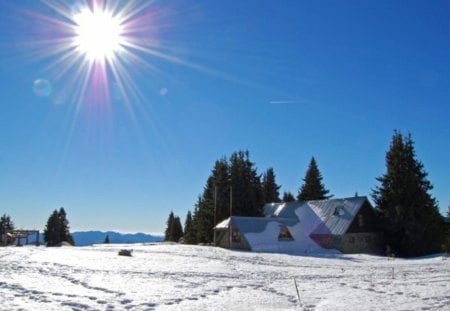 Snow White Top - pretty, house, trees, winter, photography, snow, photo, mountain, white, nature, nice, sun, sky, bulgaria