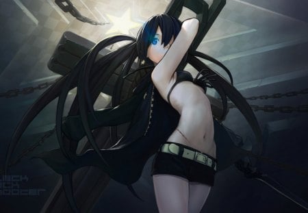 Black Rock Shooter - black hair, scar, cant think of a fourth, blue eyes