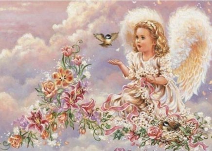 A LITTLE ANGEL - flowers, angel, bird, clouds