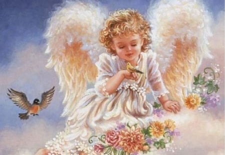 LITTLE ANGEL - angel, gift, flowers, little girl, little, bird