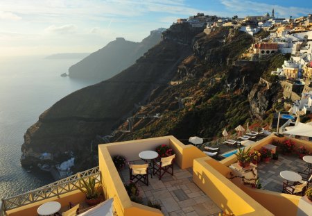 Beautiful Santorini - sky, view, santorini, blue, beautiful, house, mountains