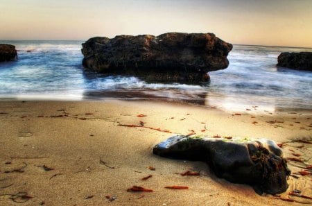 Relaxing Beach - ocean, beach, sky, daylight, day, water, rocks, waves, nature, white, clouds, tan, sand