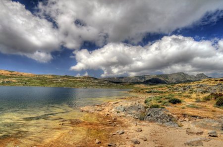 Lake Surround by Landscape - lake, sky, landscape, daylight, day, water, dirt, ground, nature, white, clouds, blue, grass