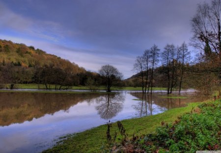 Lake Landscape - clouds, trees, water, landscape, grass, forest, reflection, daylight, ground, nature, lake, mountains, day, sky