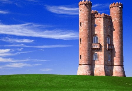 Broadway Tower - sky, beacon, broadway, tower, pretty, castle, green, worcestershire, grass, stone, hill, england, picturesque, saxon, blue, beautiful, english