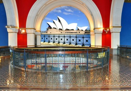 Thru The Arch - qvb, fence, operahouse, tiles