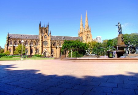 Hyde Park Sydney - park, fountain, path, church